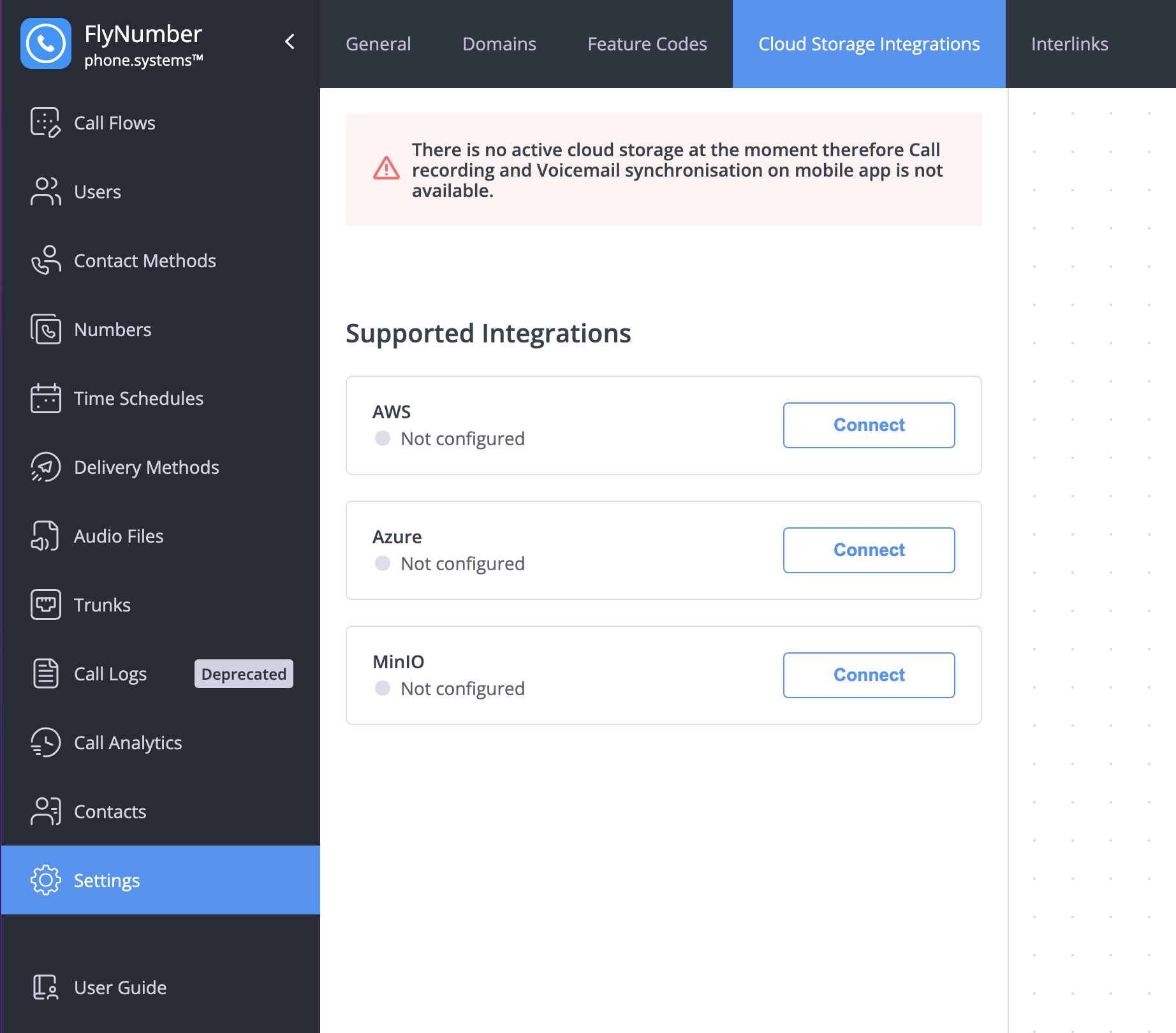 Cloud storage integration settings showing AWS, Azure, and MinIO options