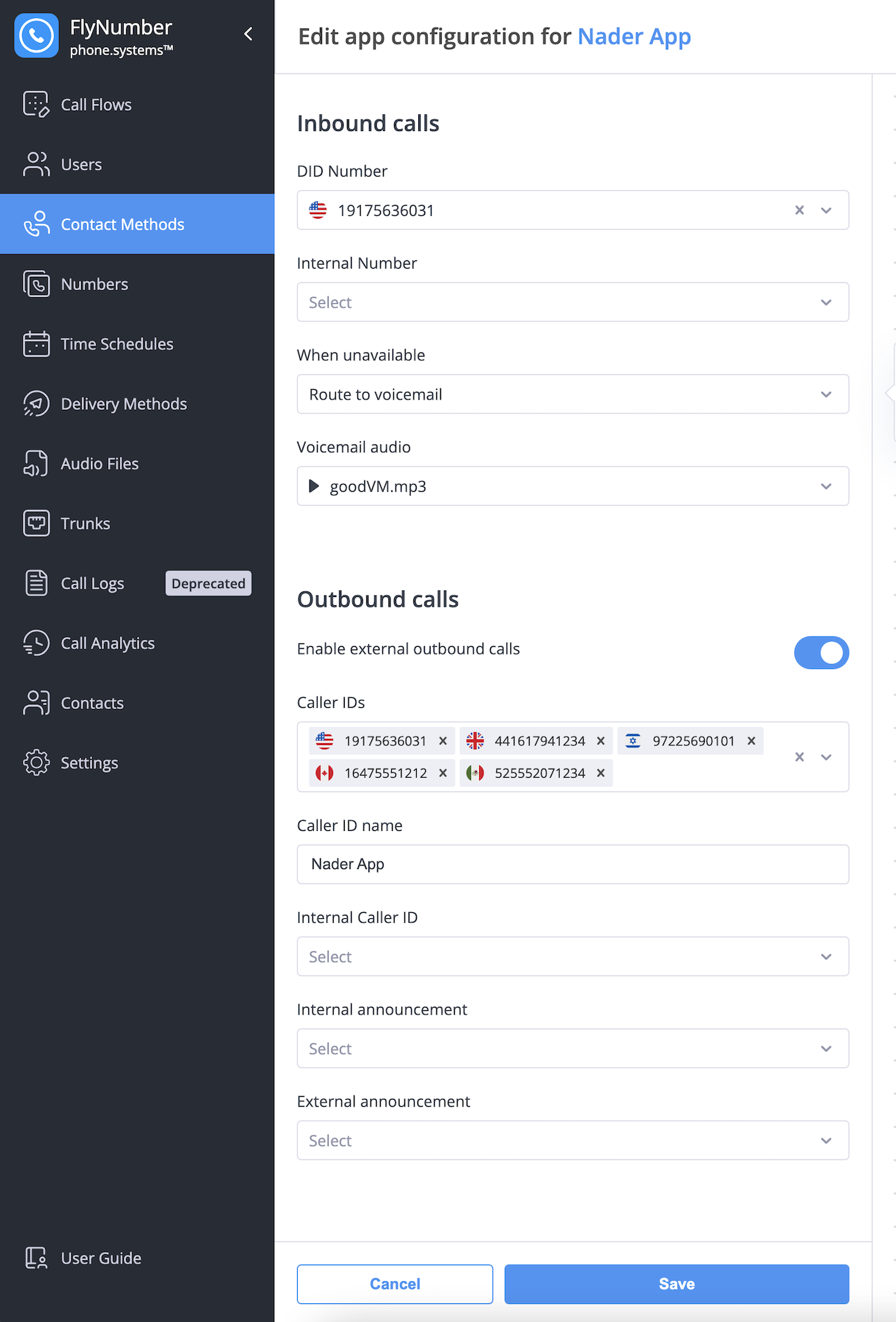 Edit app configuration showing inbound and outbound call settings