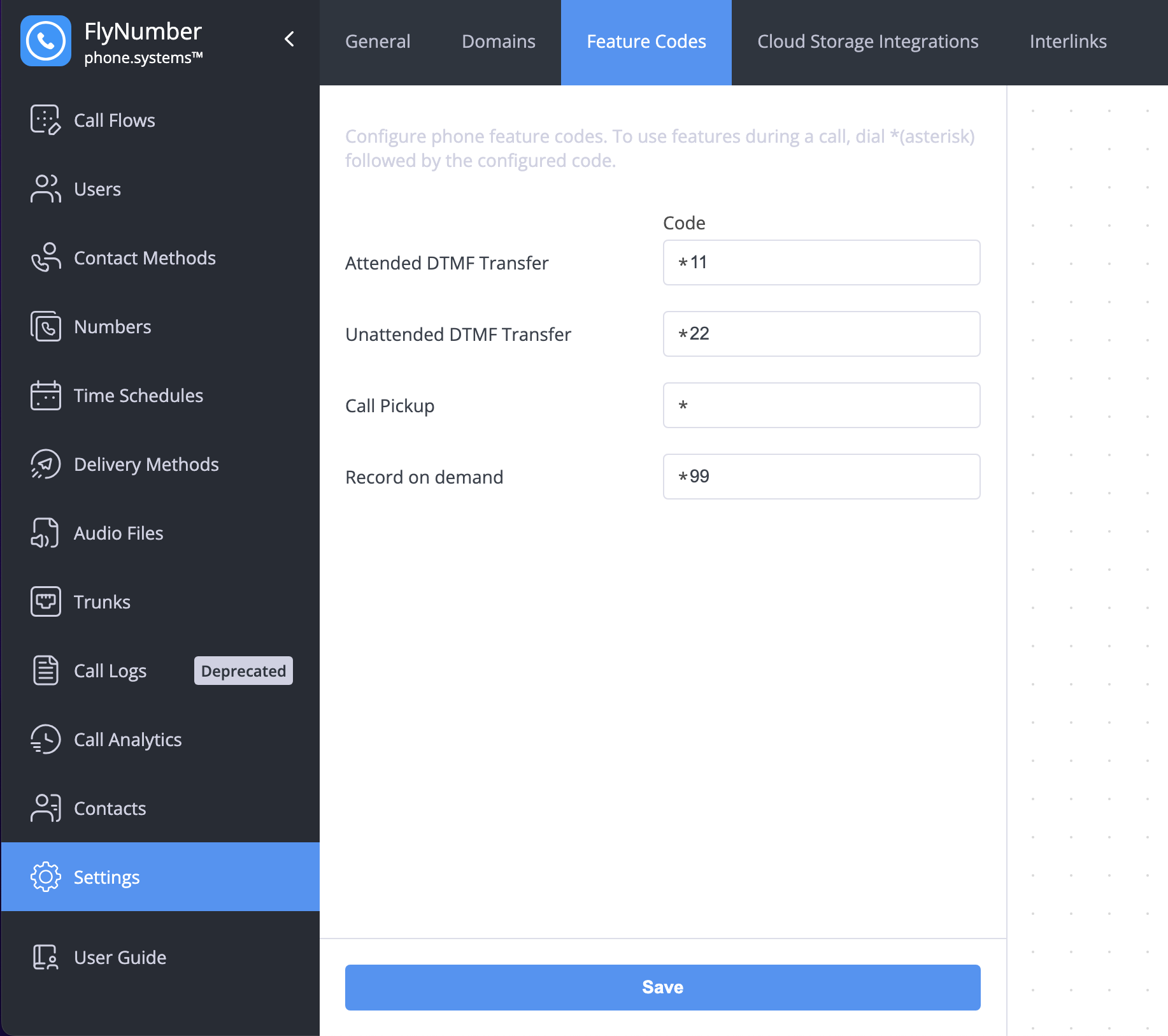 Feature codes configuration for call transfers