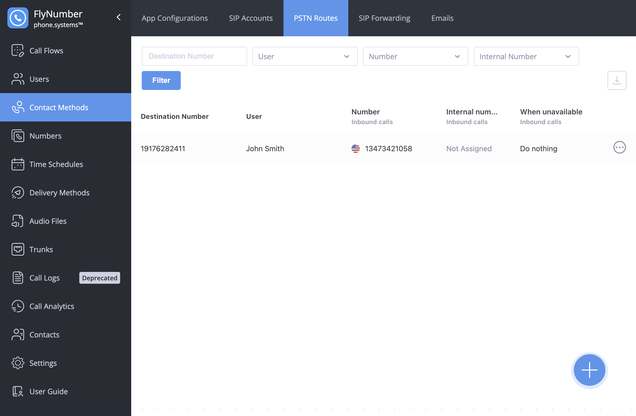 PSTN Routes interface showing list of forwarding rules