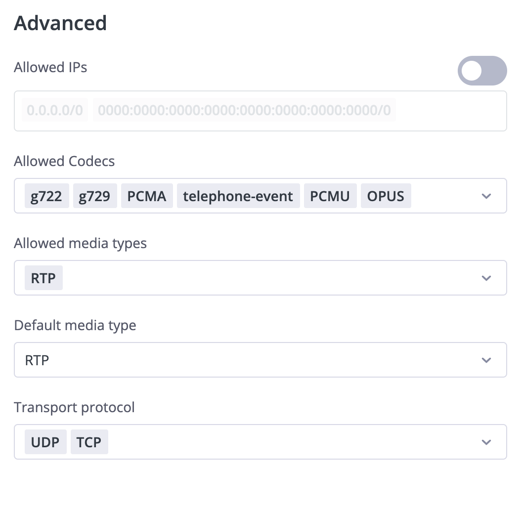 Advanced settings for SIP account