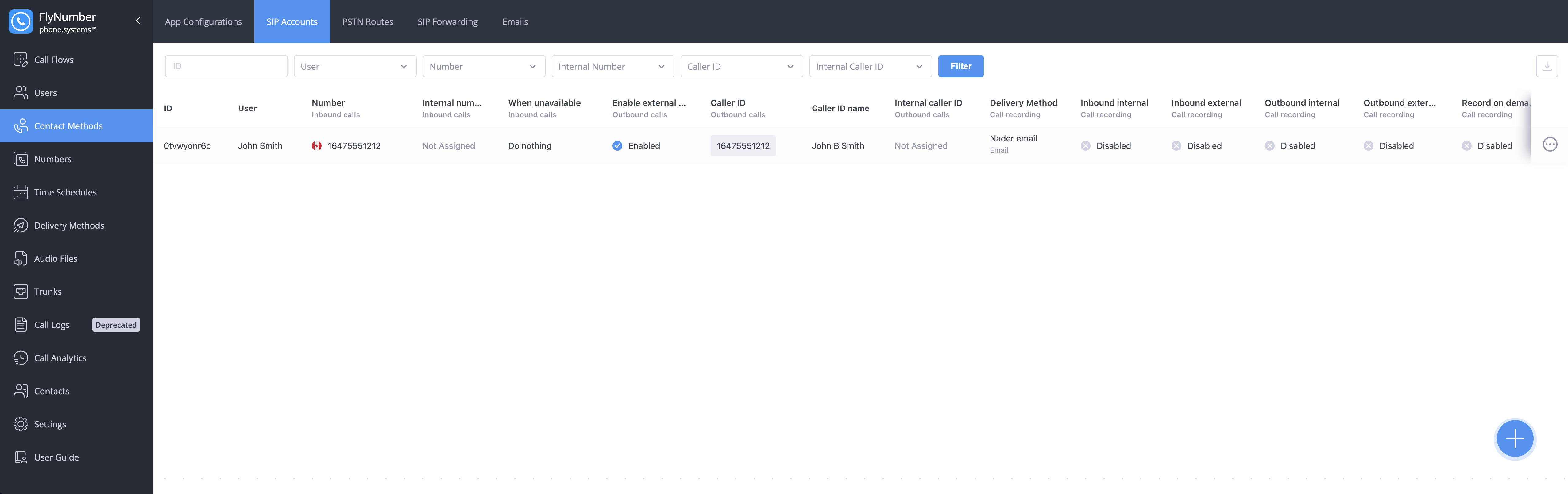 SIP Accounts interface showing list of configured accounts