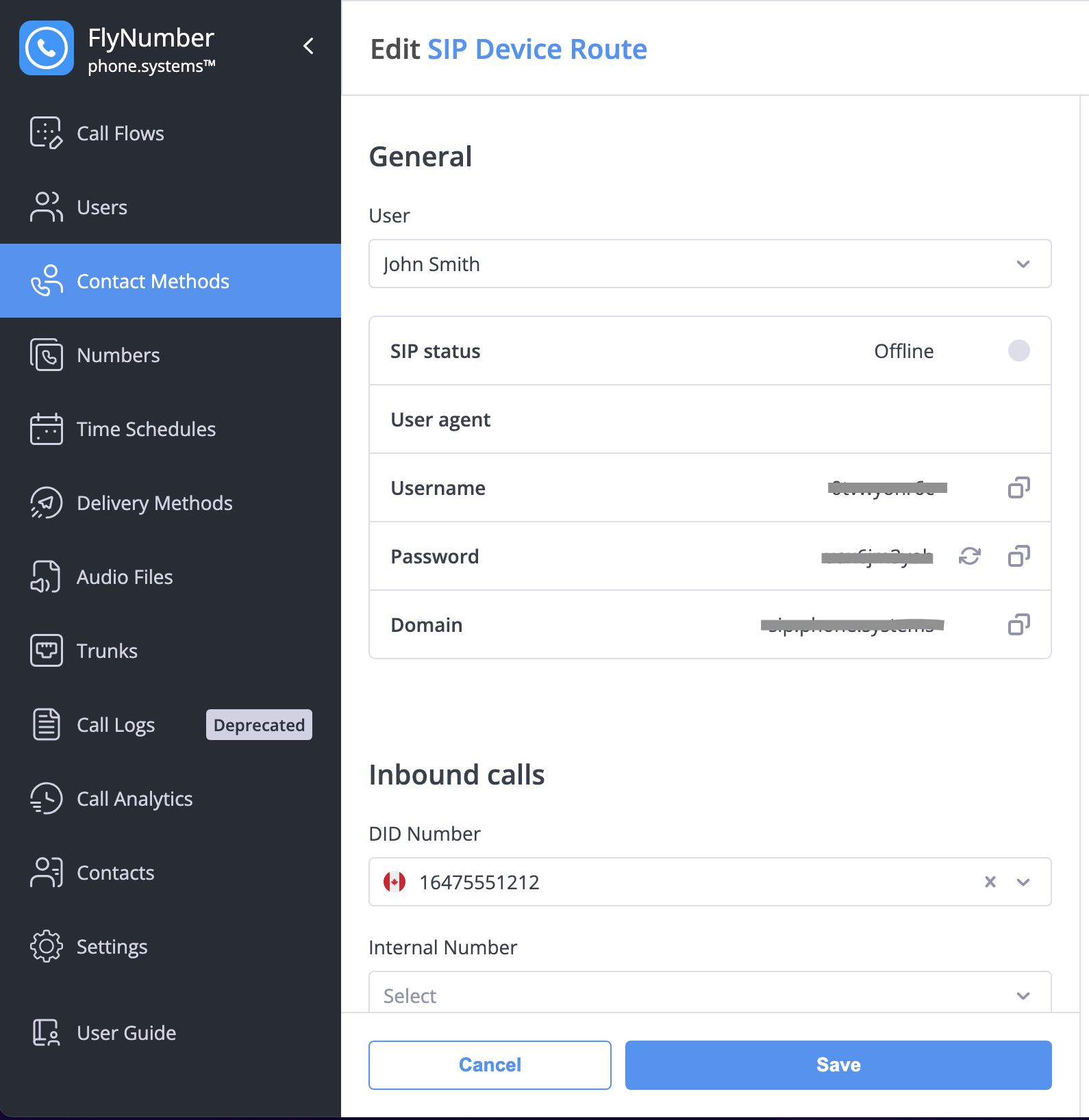 SIP credentials view