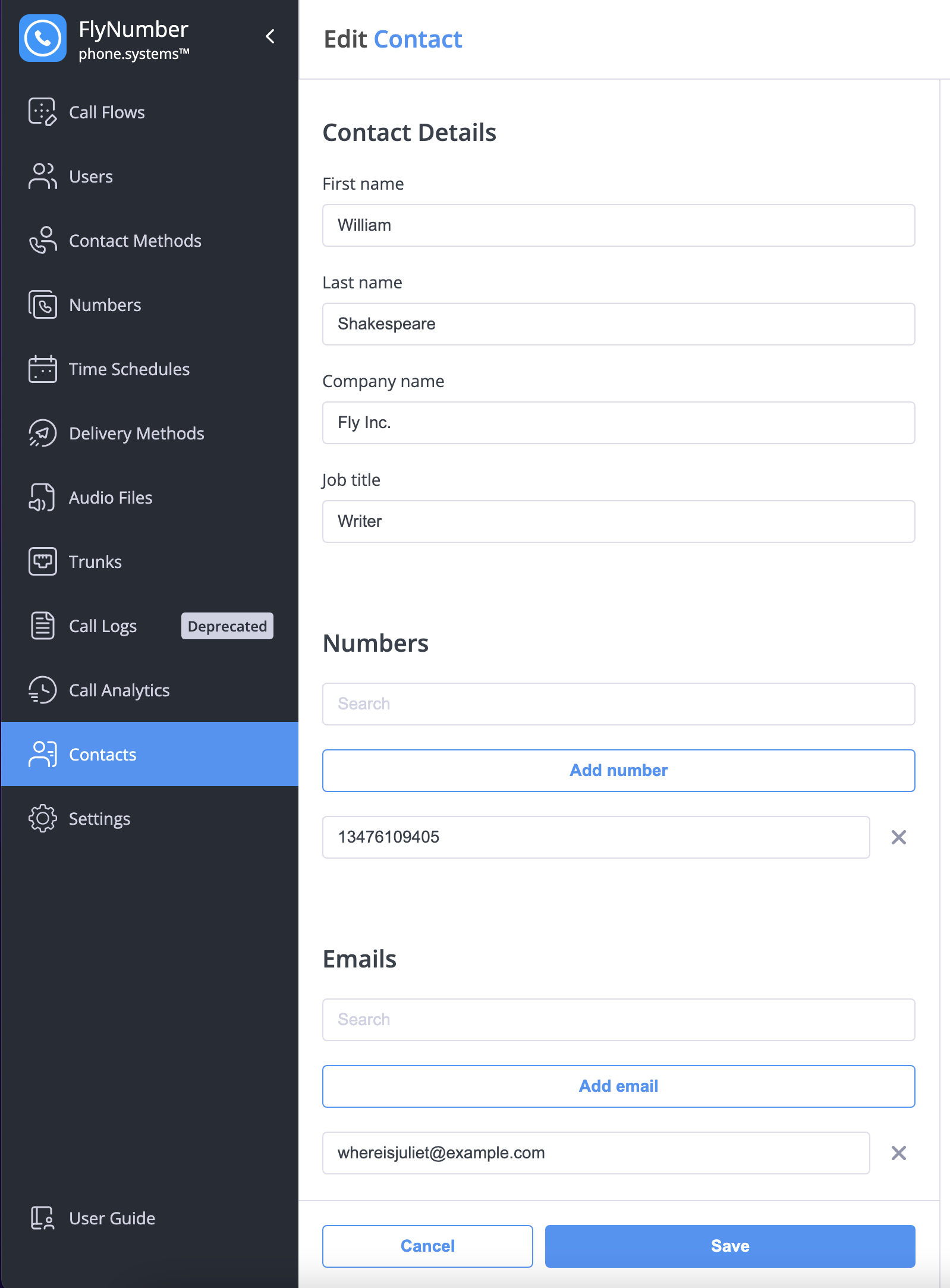 Edit contact interface showing editable fields