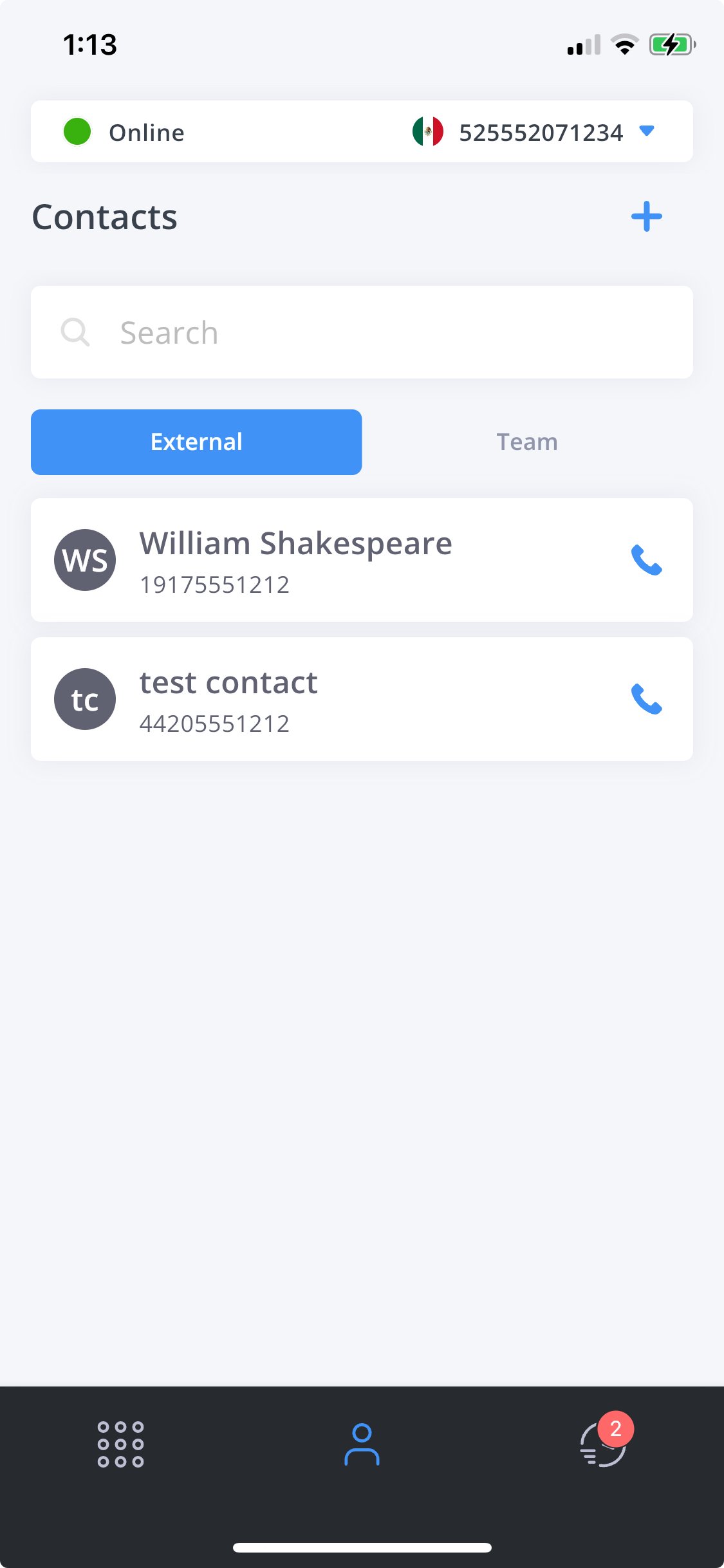 External contacts list in the app