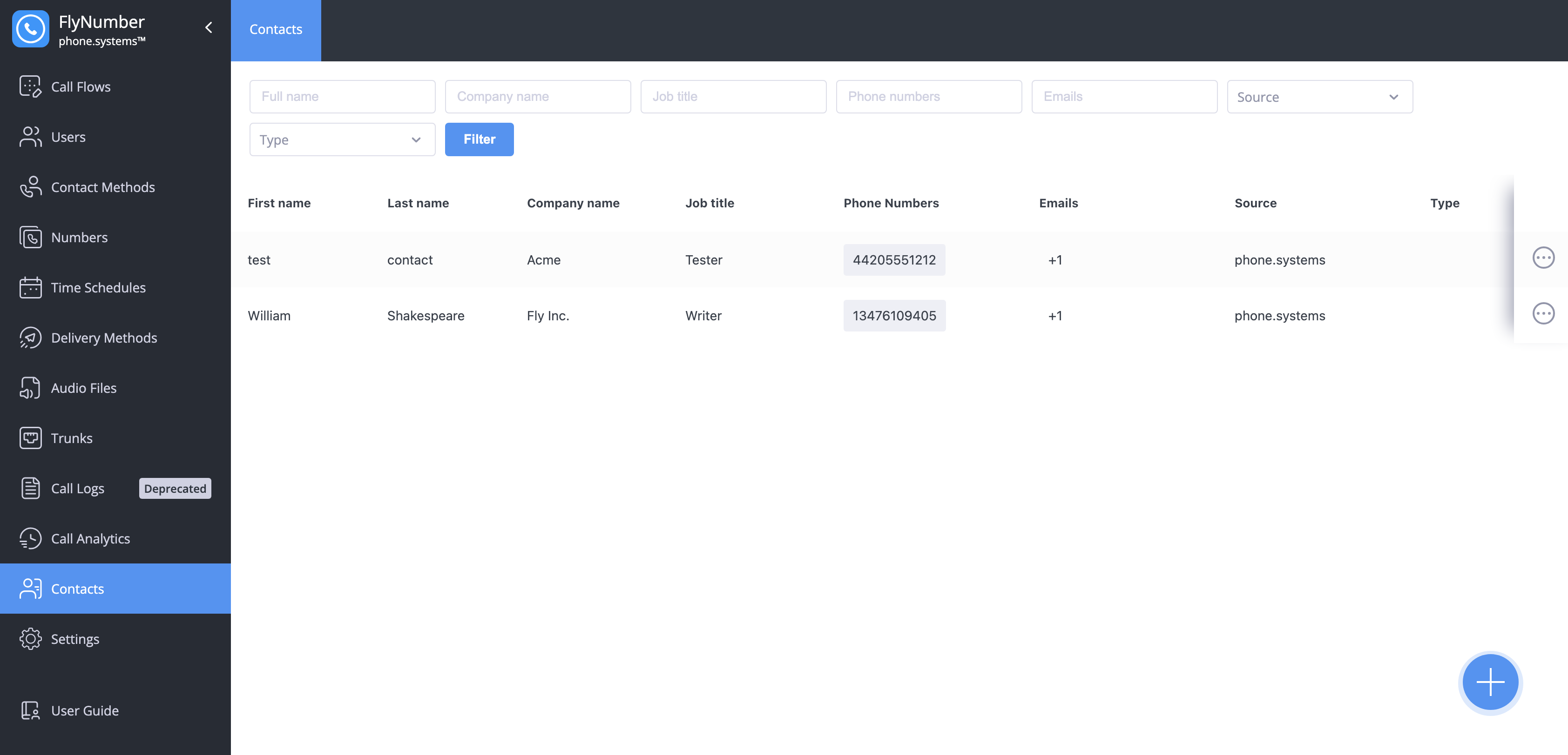 Contacts interface showing list of contacts and filtering options