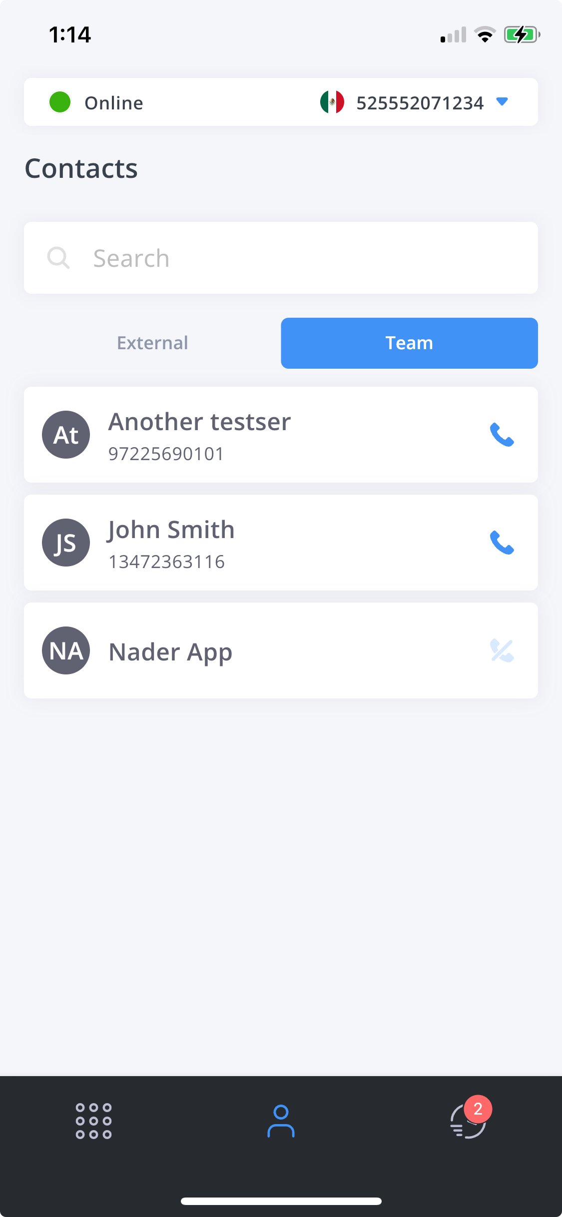 Team contacts list in the app