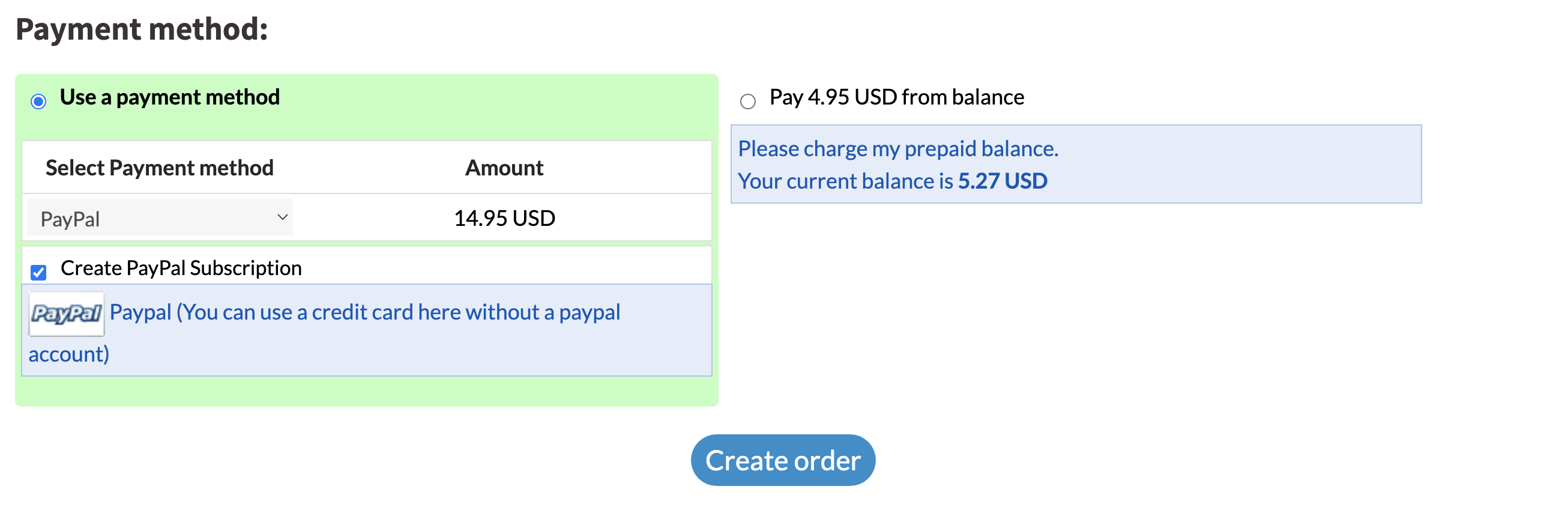 Payment options screen showing credit card, PayPal, and prepaid balance options