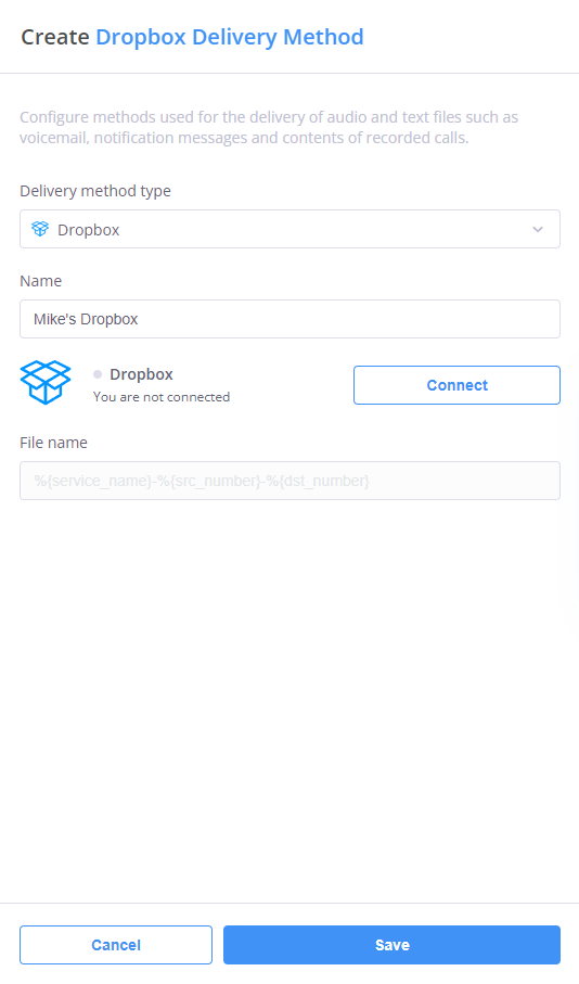 Dropbox delivery method configuration