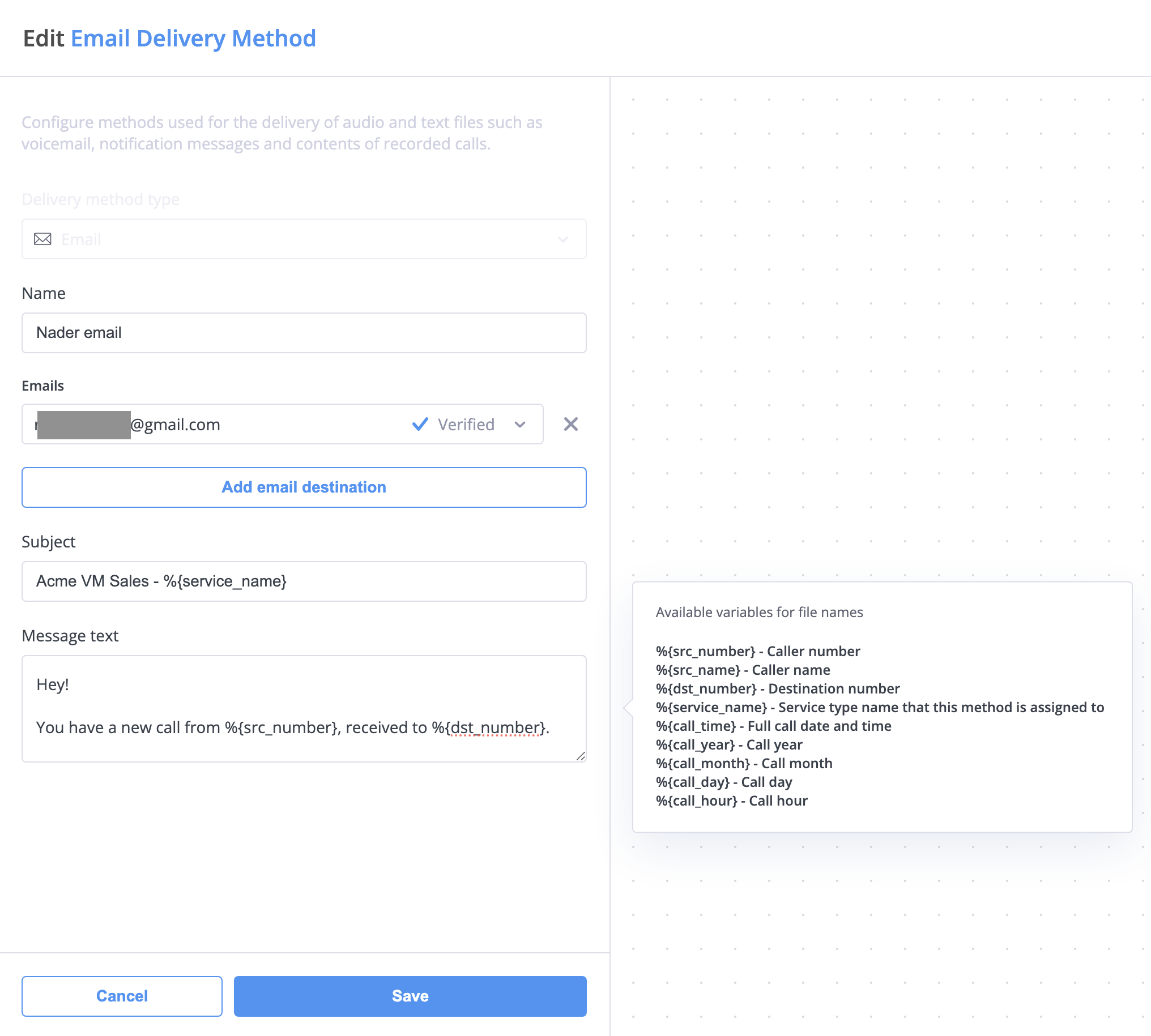 Email delivery method configuration