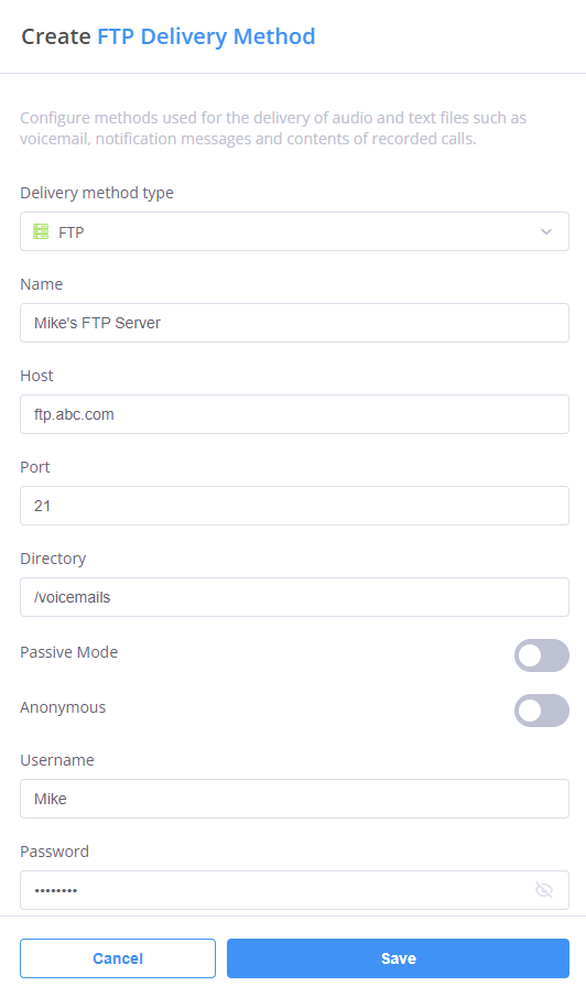 FTP delivery method configuration