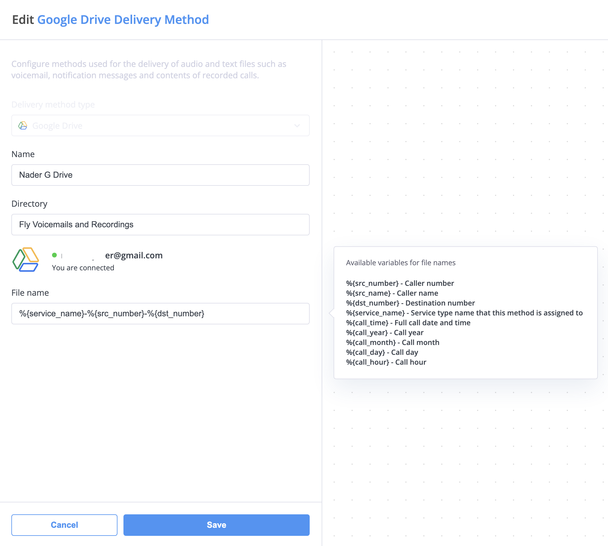 Google Drive delivery method configuration