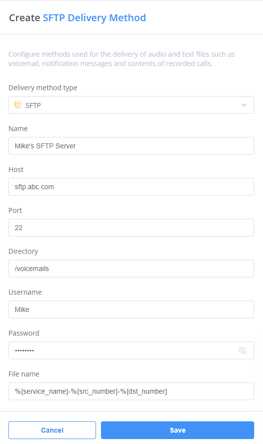 SFTP delivery method configuration