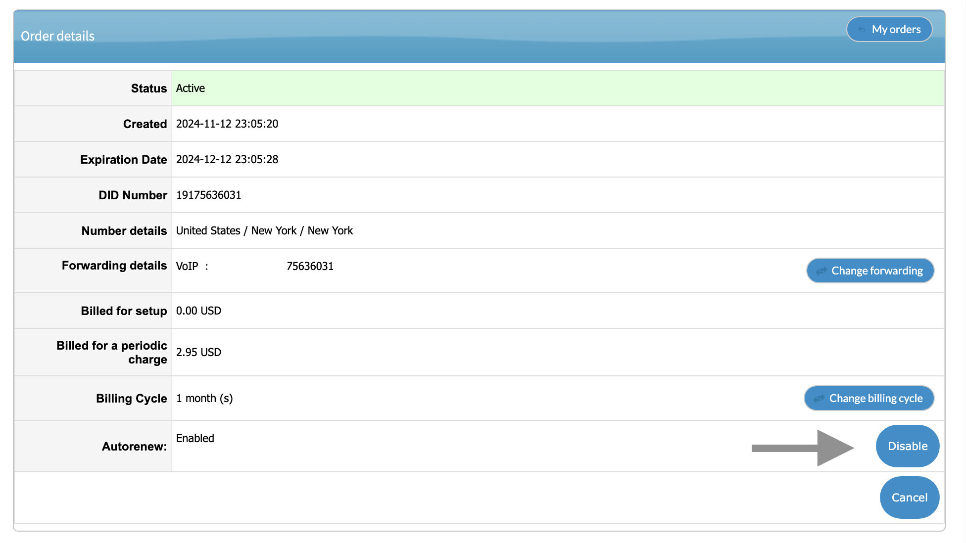 Number details page showing the auto-renew disable option