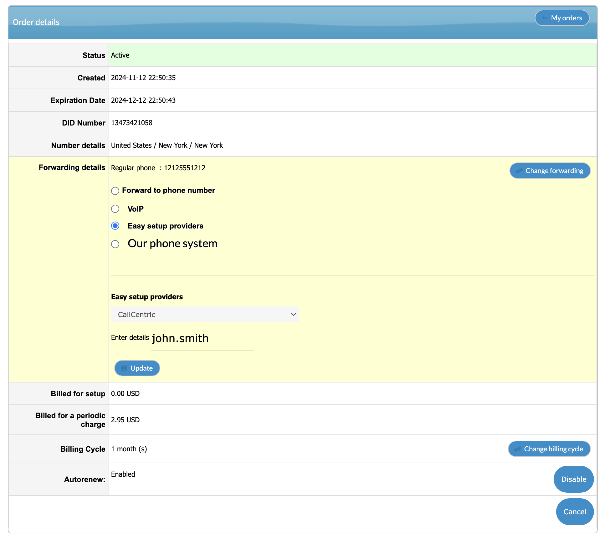 Number details page showing easy setup provider configuration options