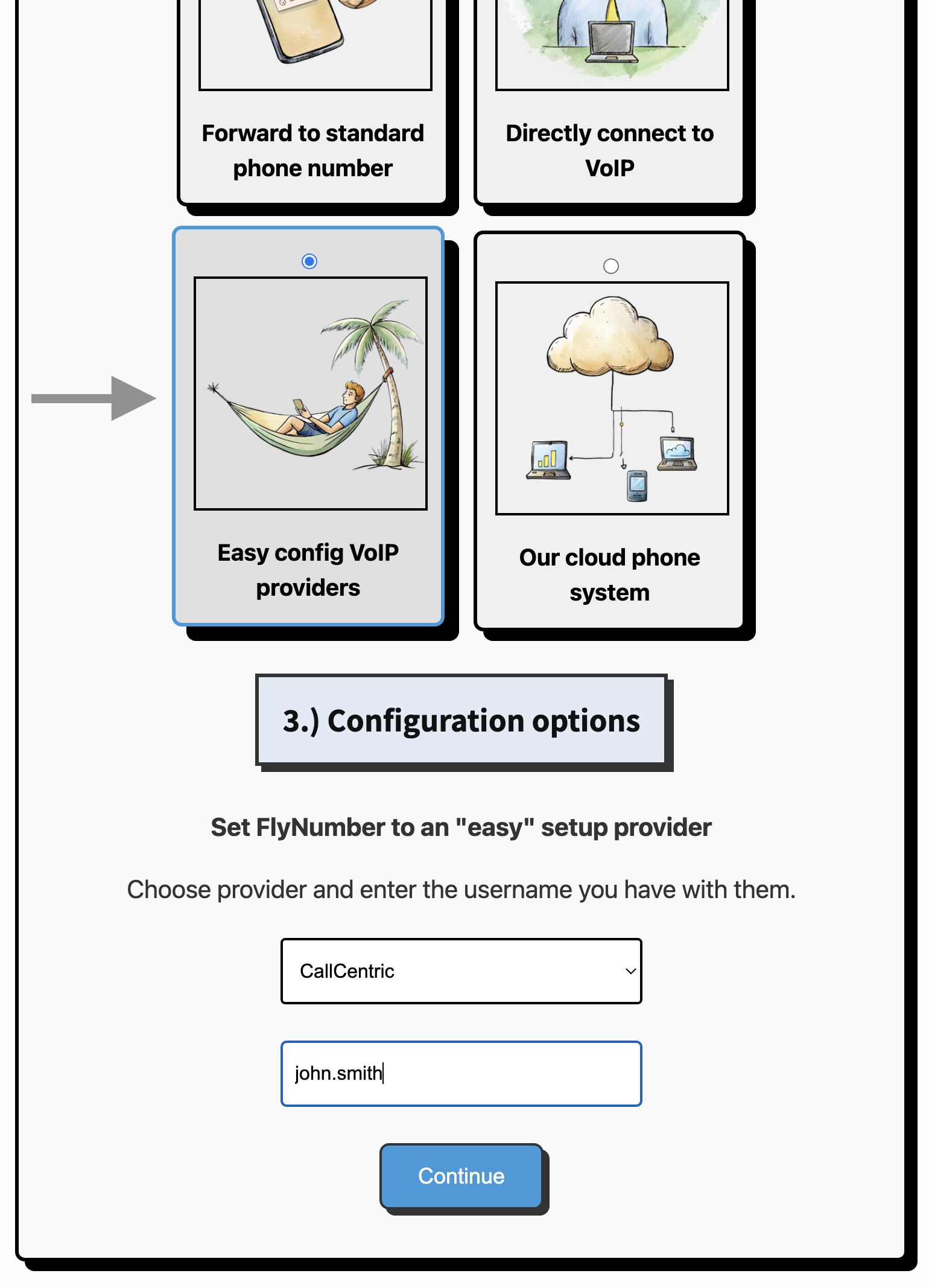 Easy setup provider configuration screen showing provider selection dropdown and username field