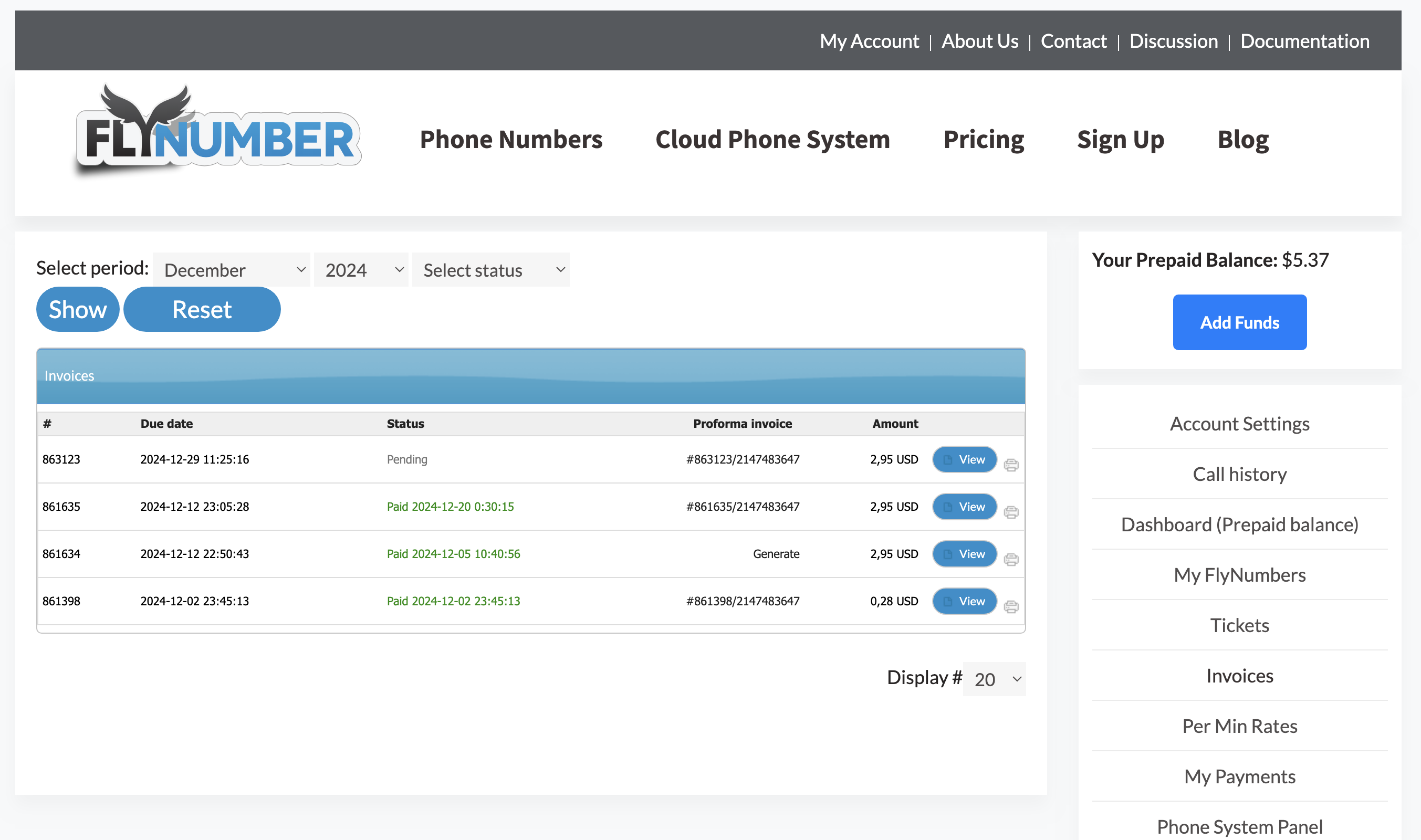 Invoices page showing list of invoices with their status and details