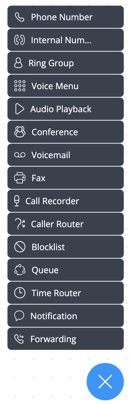 Module menu showing available modules like Phone Number, Voice Menu, etc