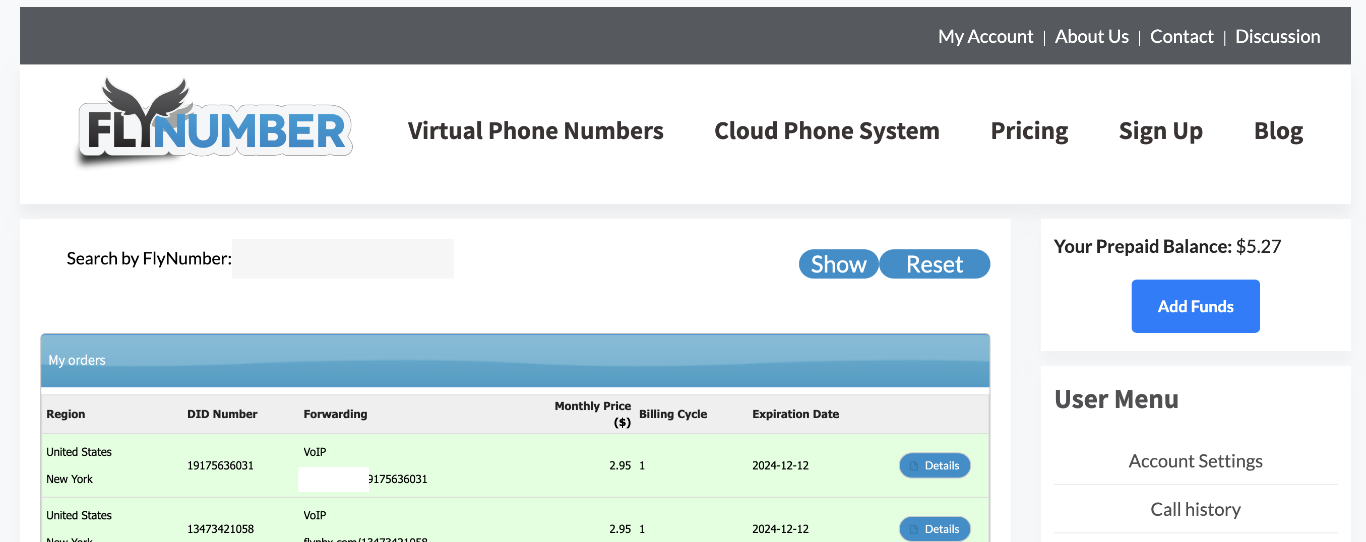 My FlyNumbers page showing list of active numbers and their details