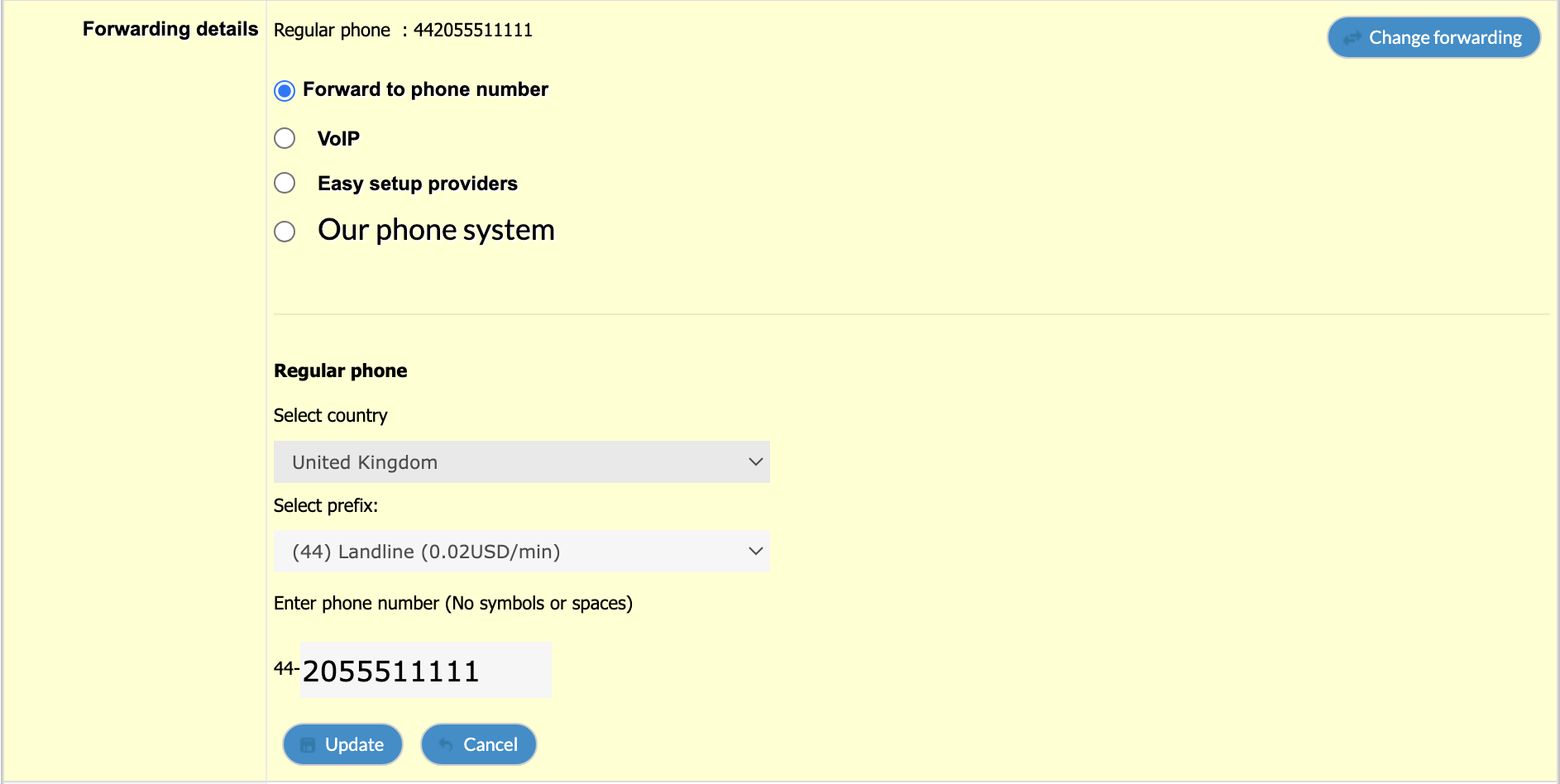 FlyNumber forwarding settings interface showing options to forward calls to a phone number, with country selection and number input fields