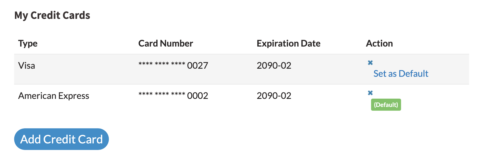 Credit card management section in Account Settings