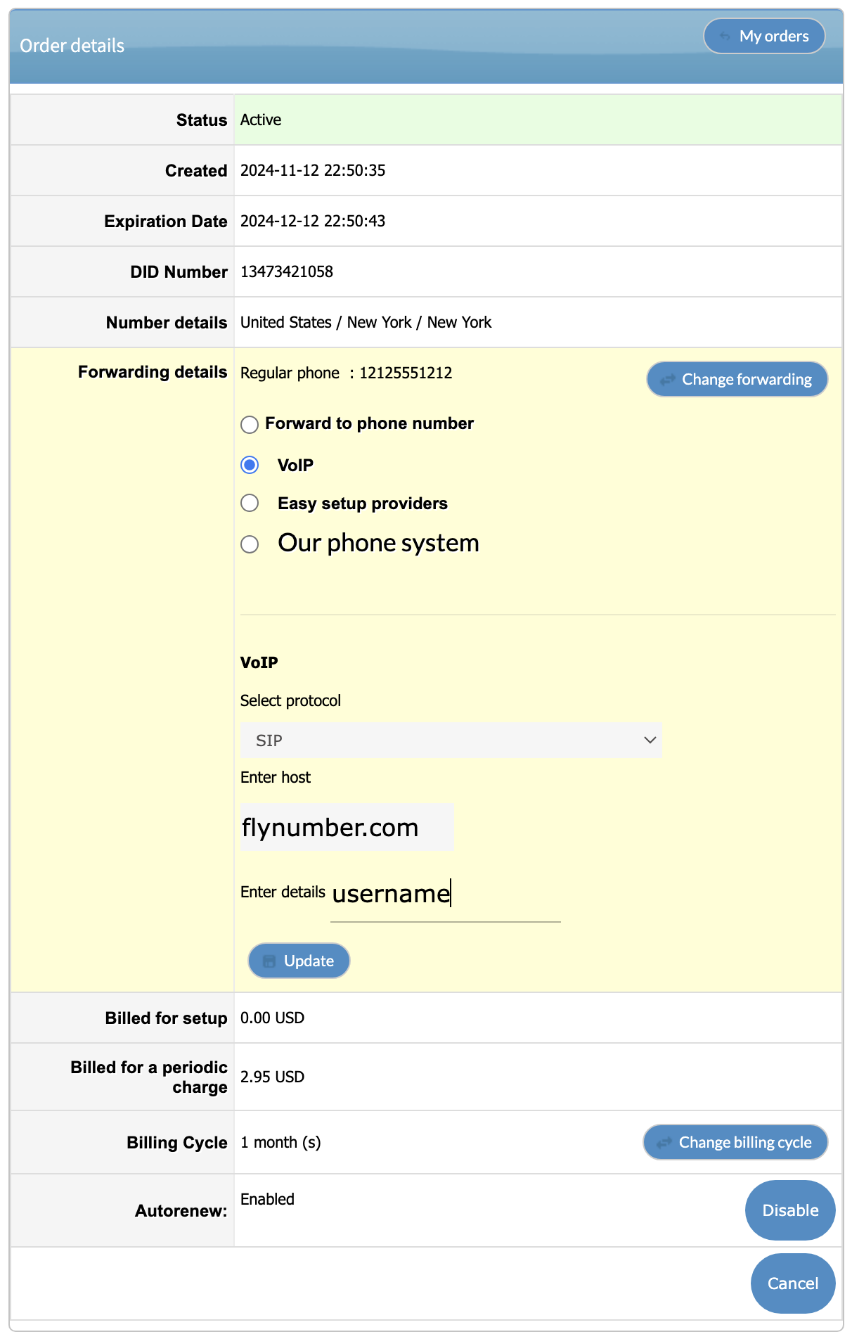 My FlyNumbers page showing how to change forwarding to the cloud phone system