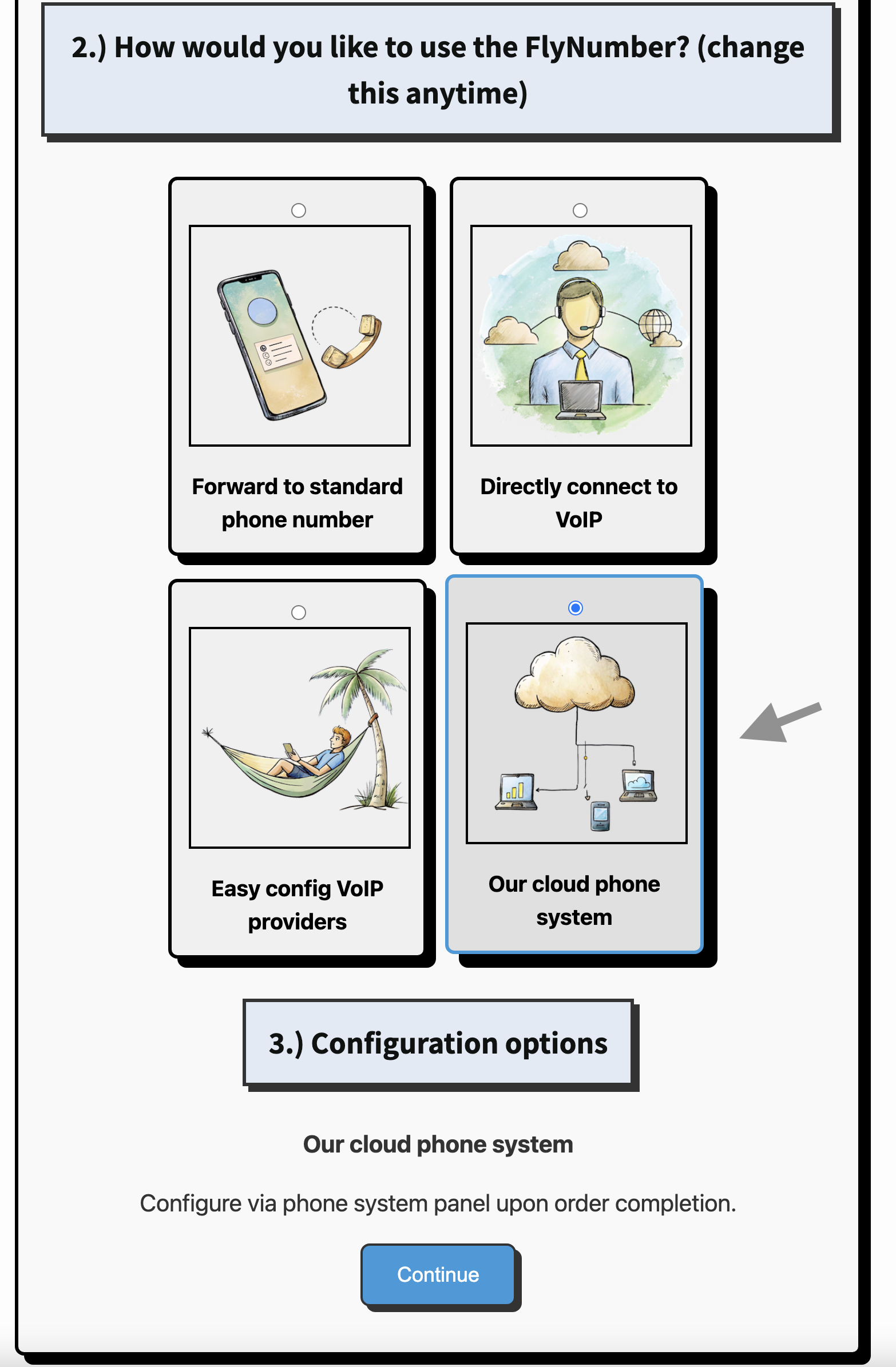 Sign up screen showing the cloud phone system option selected among other forwarding choices