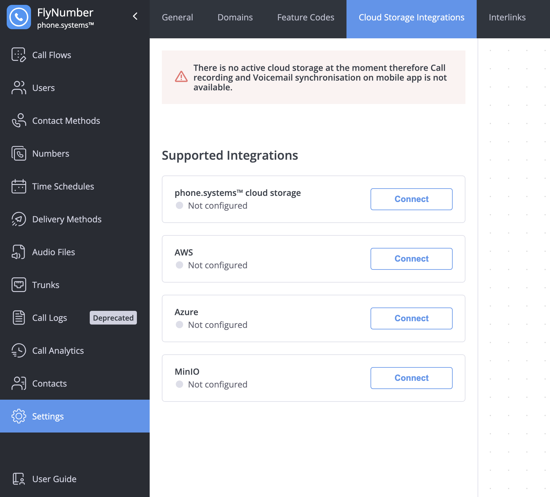 Cloud Storage Integrations interface showing available storage options