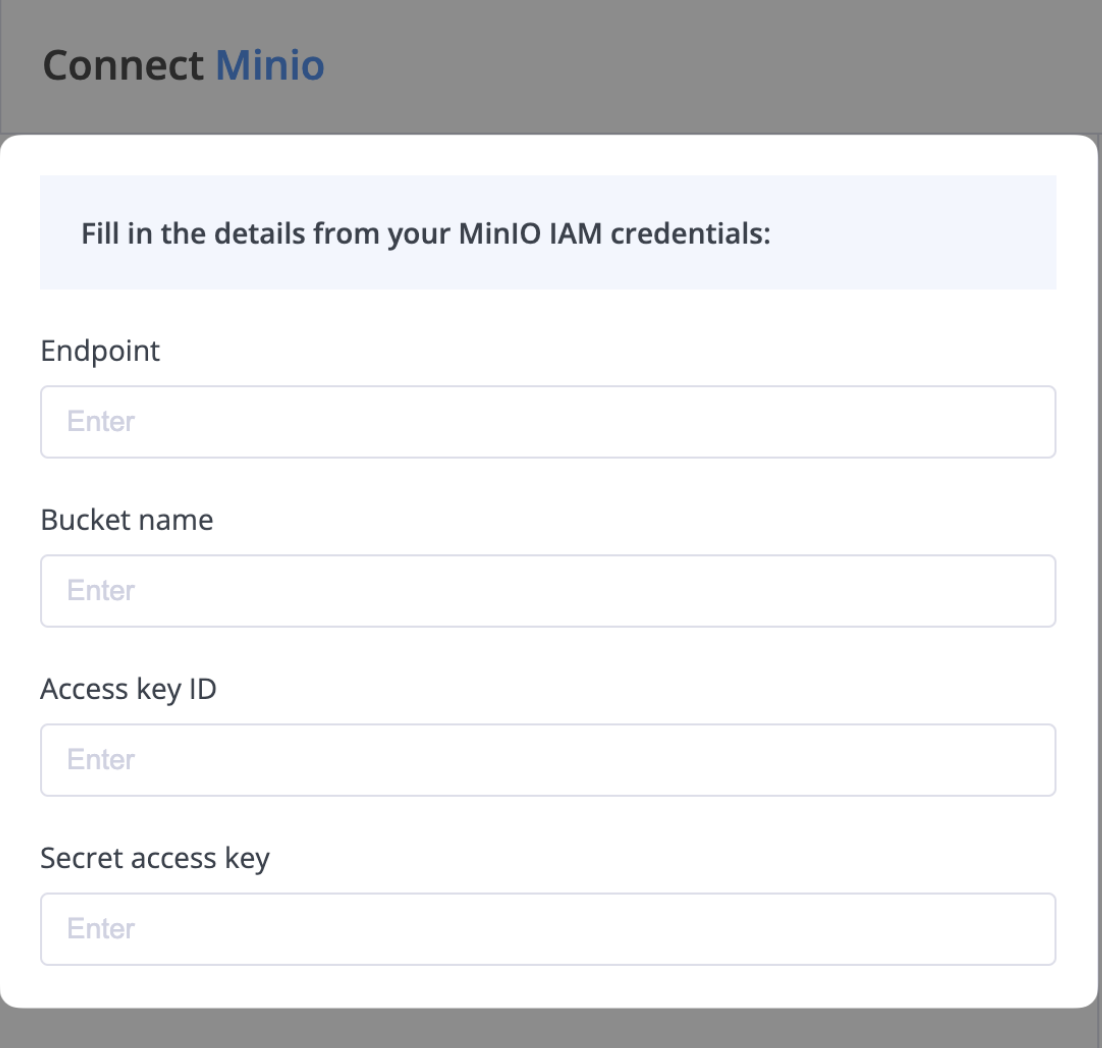 MinIO connection configuration form