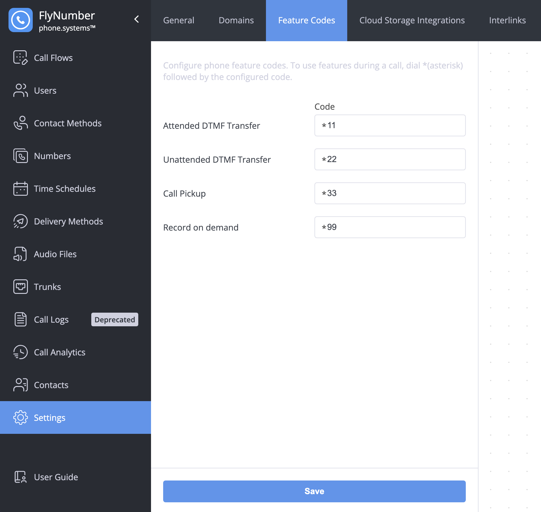 Feature codes configuration interface showing different code options