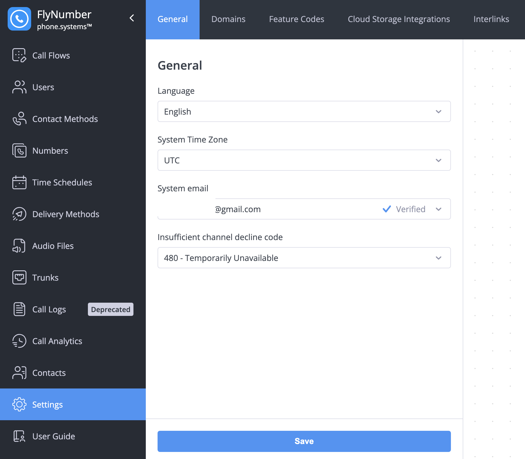 General settings interface showing language, timezone, and other system configurations