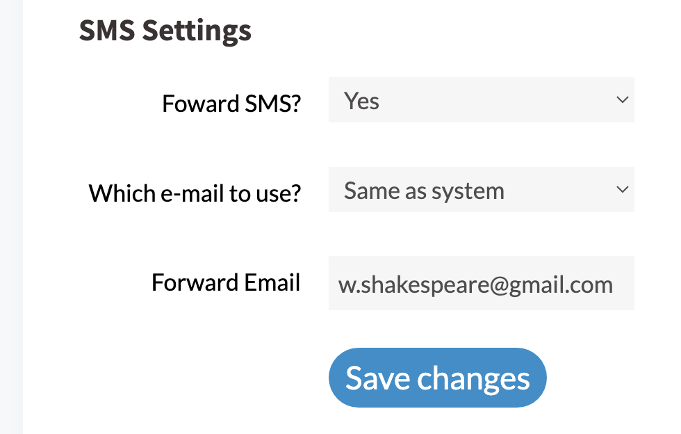 Account settings page showing SMS configuration options