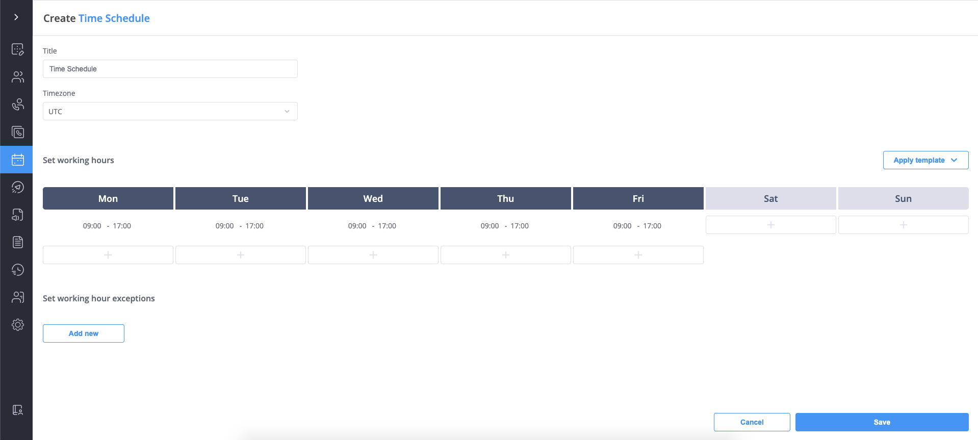 Creating a new time schedule