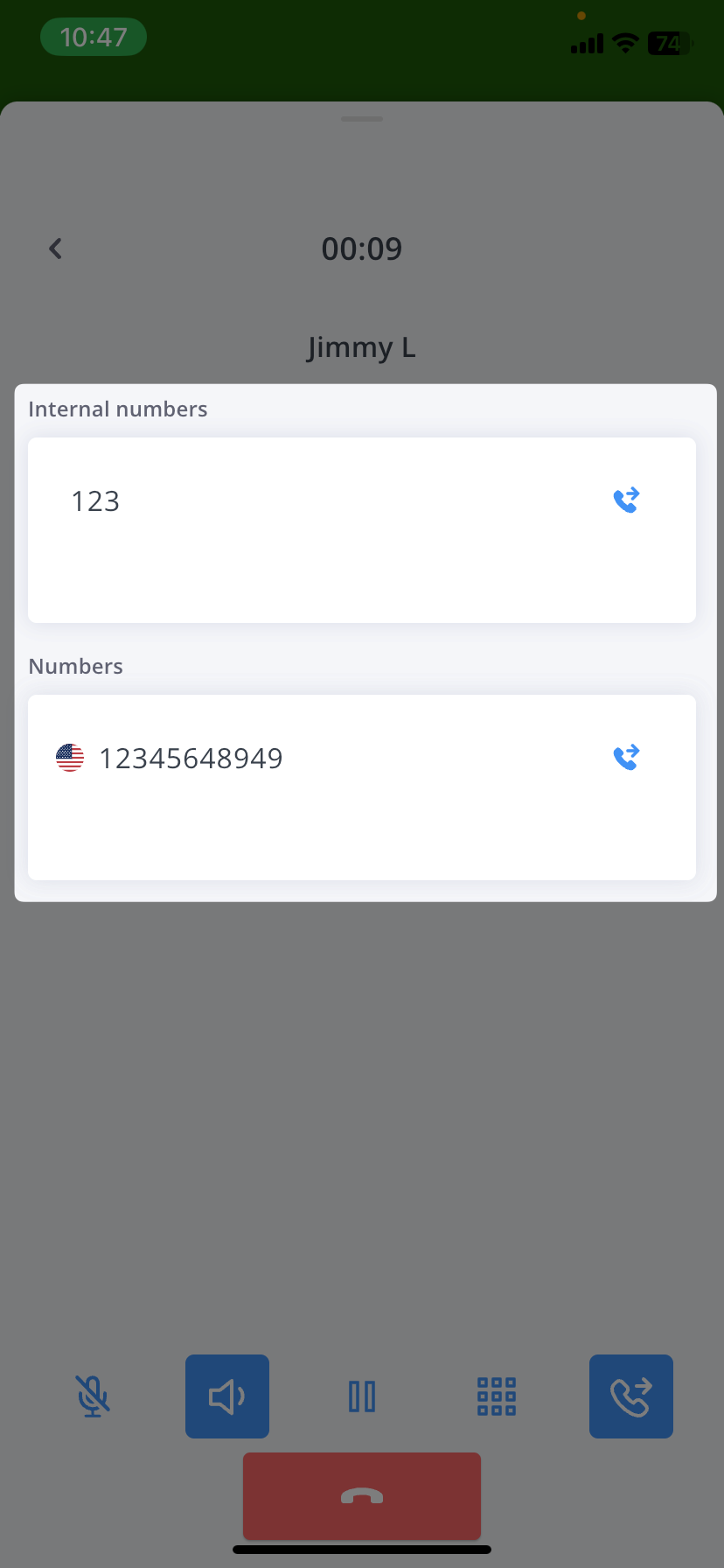 Transfer destination selection showing team members and number options