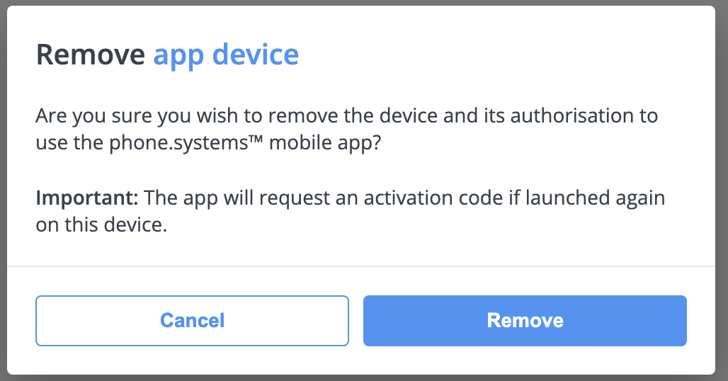 Confirmation dialog for removing an app device