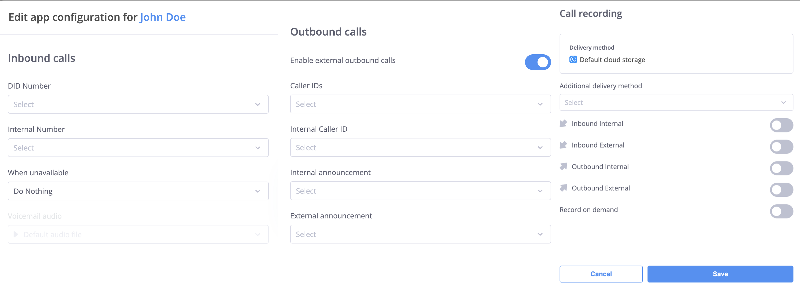 Application configuration settings for a user