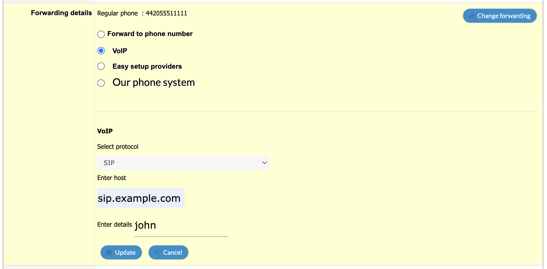 FlyNumber forwarding settings interface